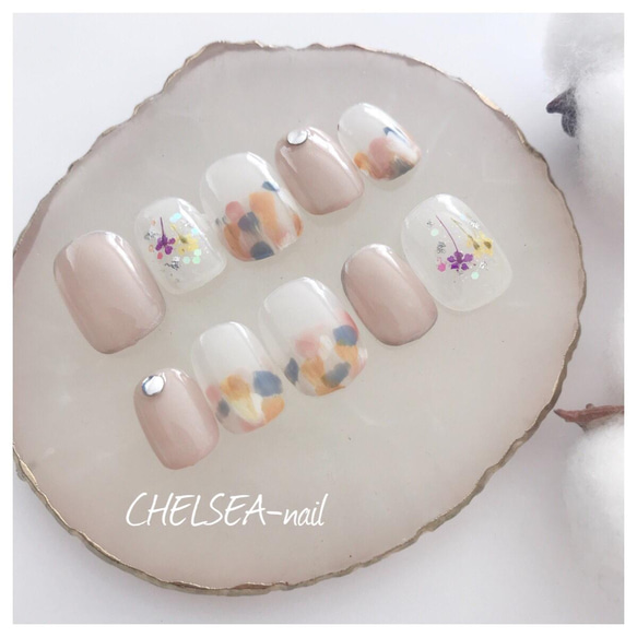 押し花×カラフルぼかしフレンチネイル ネイルチップ（つけ爪） CHELSEA  