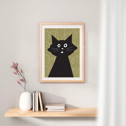 北欧 風 インテリア アート ポスター【 Kuroneko 】オリーブブラウン