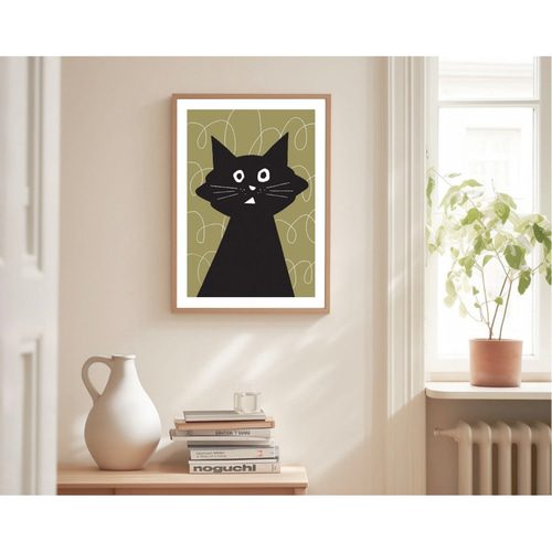 北欧 風 インテリア アート ポスター【 Kuroneko 】オリーブブラウン