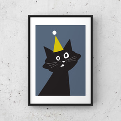 北欧 風 インテリア アート ポスター【 Kuroneko Party 】ネイビー :/062/ 黒猫 ねこ シンプル 2枚目の画像
