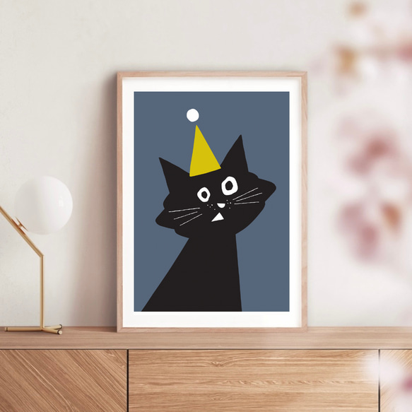 北欧 風 インテリア アート ポスター【 Kuroneko Party 】ネイビー :/062/ 黒猫 ねこ シンプル 1枚目の画像
