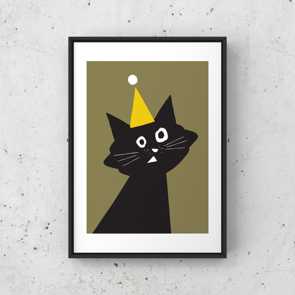 北欧 風 インテリア アート ポスター【 Kuroneko Party 】オリーブブラウン :/063/ 黒猫 ねこ 2枚目の画像