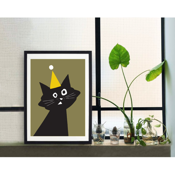 北欧 風 インテリア アート ポスター【 Kuroneko Party 】オリーブブラウン :/063/ 黒猫 ねこ 3枚目の画像