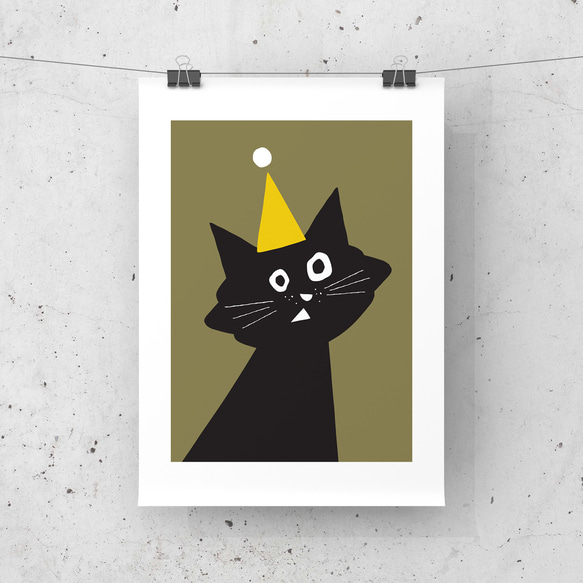 北欧 風 インテリア アート ポスター【 Kuroneko Party 】オリーブブラウン :/063/ 黒猫 ねこ 7枚目の画像