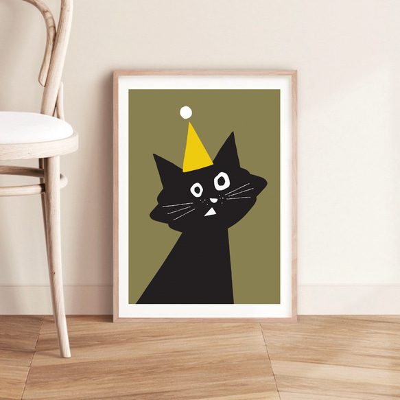 北欧 風 インテリア アート ポスター【 Kuroneko Party 】オリーブブラウン :/063/ 黒猫 ねこ 4枚目の画像