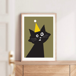 北欧 風 インテリア アート ポスター【 Kuroneko Party 】オリーブブラウン :/063/ 黒猫 ねこ 1枚目の画像