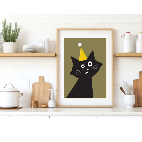 北欧 風 インテリア アート ポスター【 Kuroneko Party 】オリーブブラウン :/063/ 黒猫 ねこ 5枚目の画像