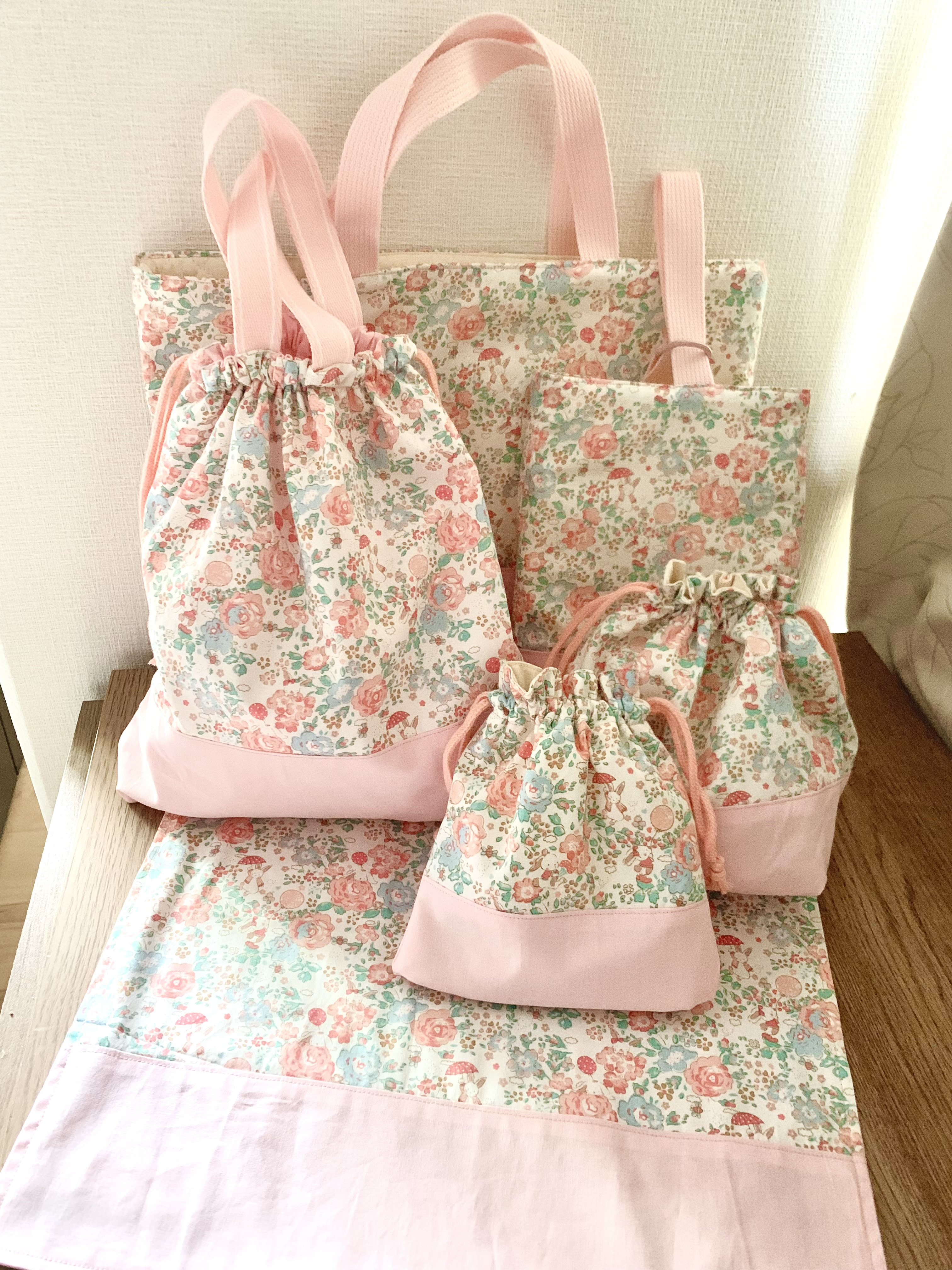 ▶︎人気No.1【6点セット】女の子♡入園入学準備グッズ　pink rabbit floral〜ウサギとお花