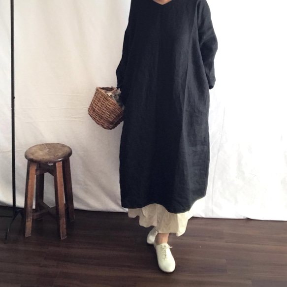 亞麻長袖長裙/米白色 第5張的照片