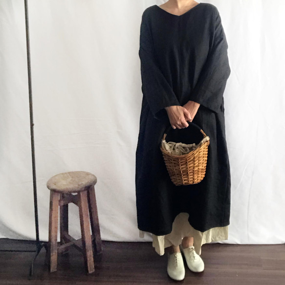 亞麻長袖連身裙/黑色 第4張的照片