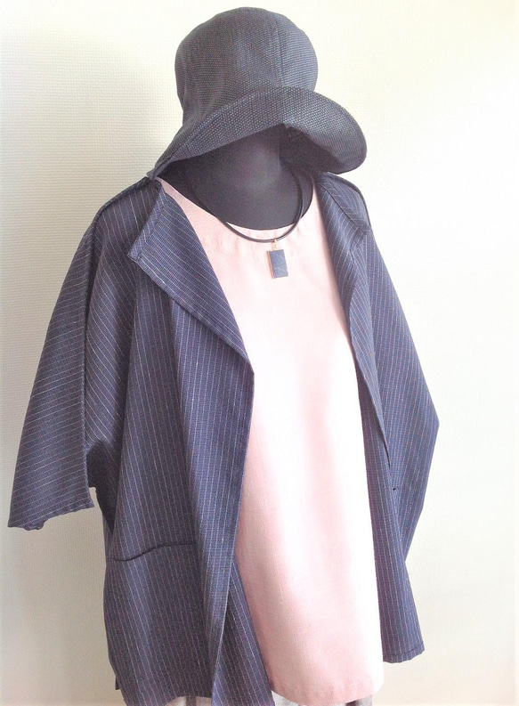 伝統織物のトップブランド本塩沢の洋服（ジャケット）／紺地白縞目色／２分縞模様 7枚目の画像