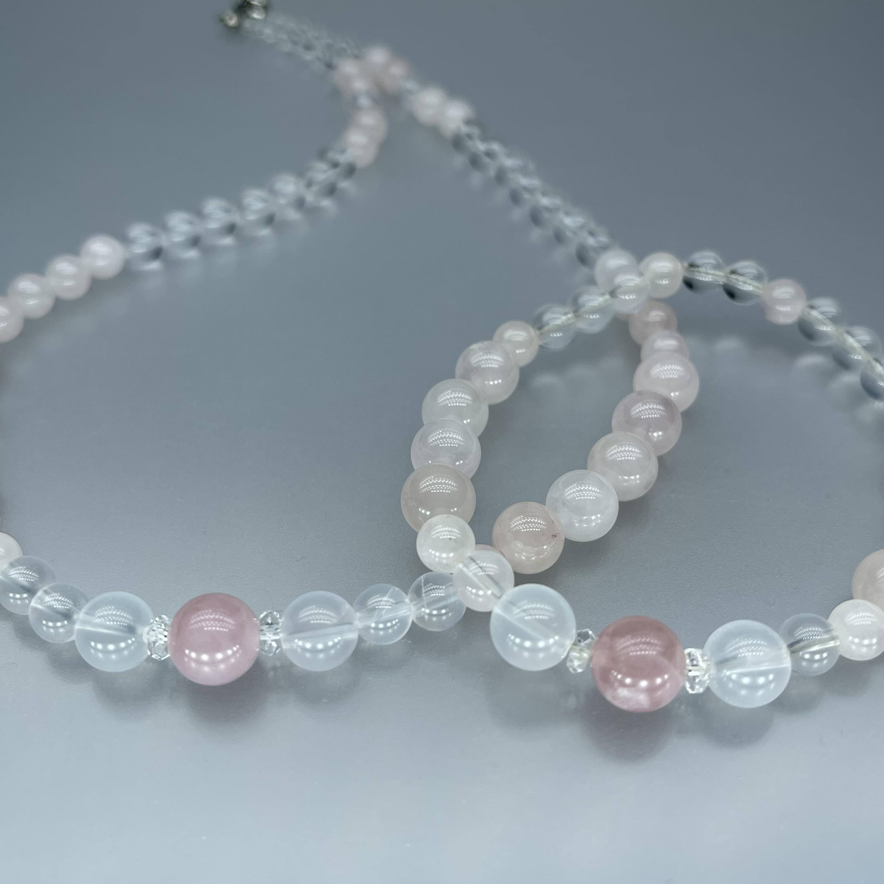 天然石 ローズクオーツ ミルキークオーツ 水晶 ネックレスとブレスレットのセット　Mサイズ