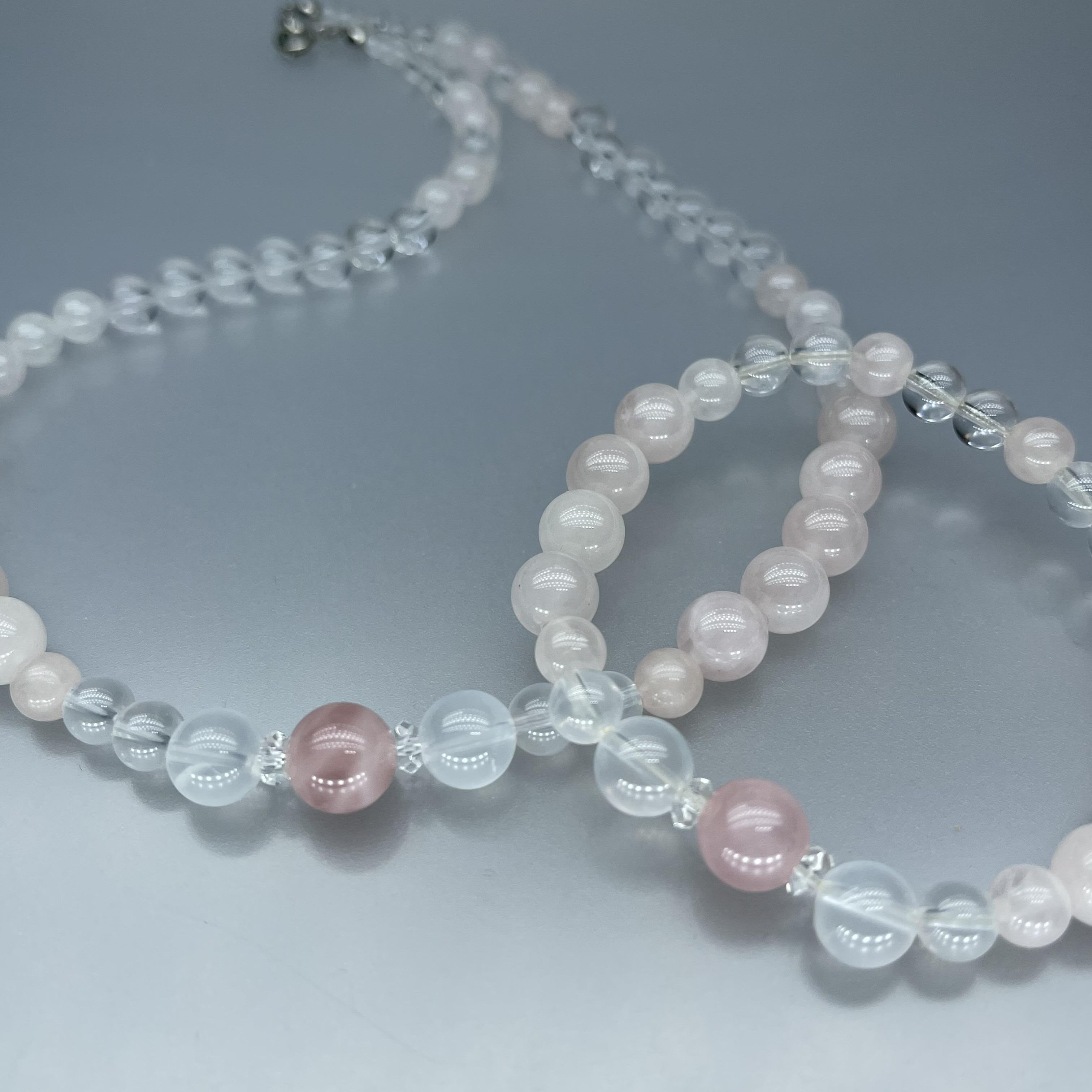天然石 ローズクオーツ ミルキークオーツ 水晶 ネックレスとブレスレットのセット　Sサイズ