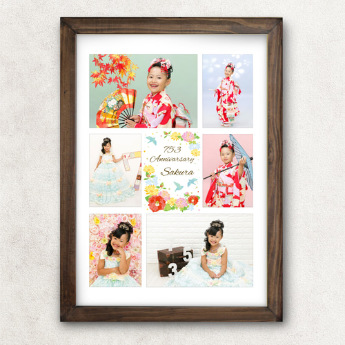 No53縦 写真6枚 フォトポスター 木札風 A4 前撮り 写真 七五三 こども