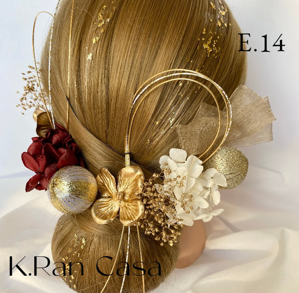 ドライフラワー髪飾り　gold×wine red 金箔ヘア　和装ヘア　チュールリボン　和玉　卒業式　前撮り　成人式 1枚目の画像