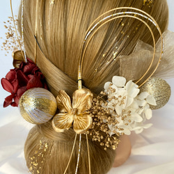 ドライフラワー髪飾り　gold×wine red 金箔ヘア　和装ヘア　チュールリボン　和玉　卒業式　前撮り　成人式 6枚目の画像