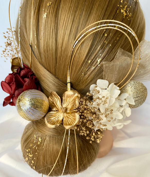 ドライフラワー髪飾り　gold×wine red 金箔ヘア　和装ヘア　チュールリボン　和玉　卒業式　前撮り　成人式 6枚目の画像
