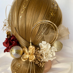 ドライフラワー髪飾り　gold×wine red 金箔ヘア　和装ヘア　チュールリボン　和玉　卒業式　前撮り　成人式 5枚目の画像
