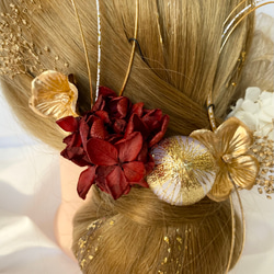 ドライフラワー髪飾り　gold×wine red 金箔ヘア　和装ヘア　チュールリボン　和玉　卒業式　前撮り　成人式 3枚目の画像