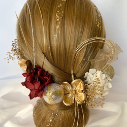 ドライフラワー髪飾り　gold×wine red 金箔ヘア　和装ヘア　チュールリボン　和玉　卒業式　前撮り　成人式 4枚目の画像