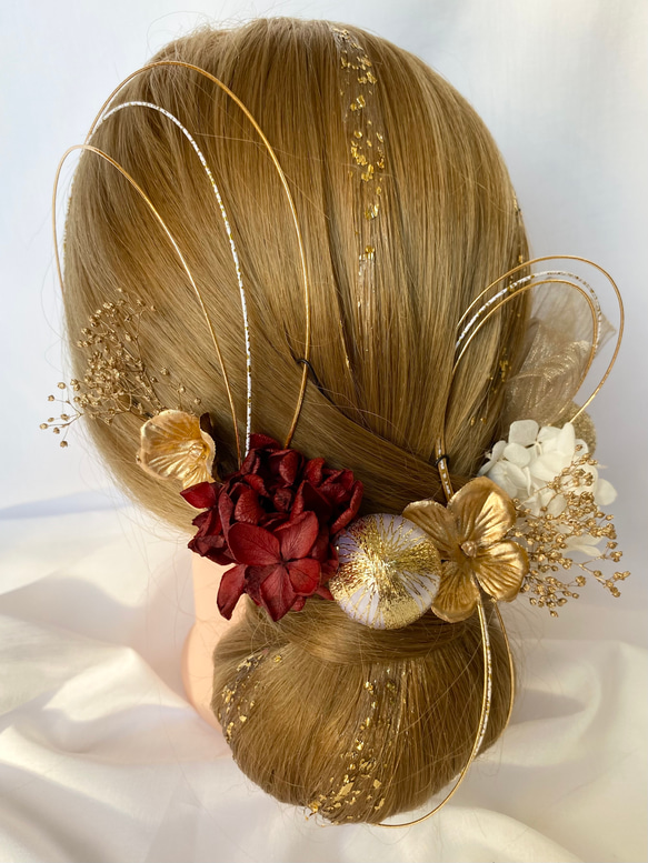 ドライフラワー髪飾り　gold×wine red 金箔ヘア　和装ヘア　チュールリボン　和玉　卒業式　前撮り　成人式 2枚目の画像