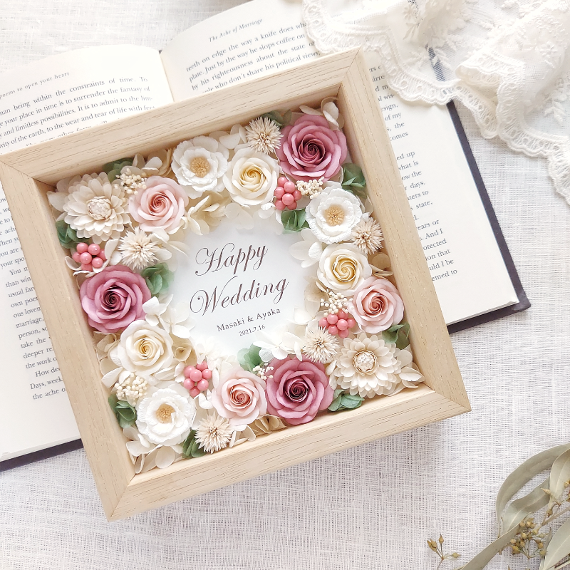 結婚祝いにも♡選べるメッセージプレート*washi no hana*フラワーボックスフレーム＊アンティークピンク