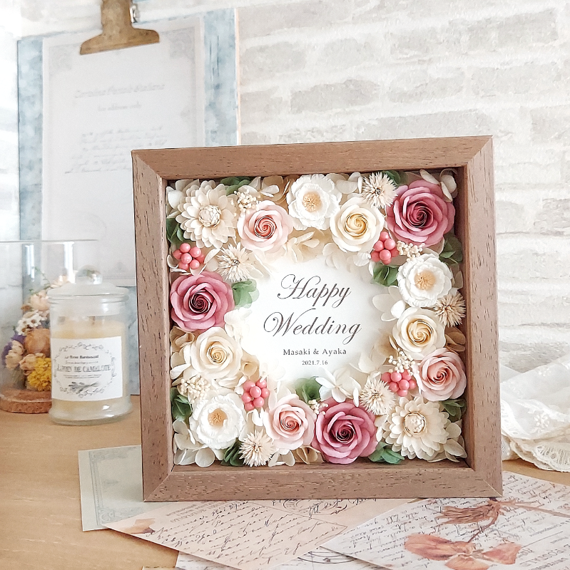 結婚祝いにも♡選べるメッセージプレート*washi no hana*フラワーボックスフレーム＊アンティークピンク