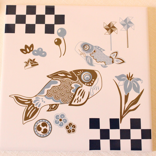 端午の節句☆鯉のぼりと菖蒲のインテリアタイル額「ポーセラーツ