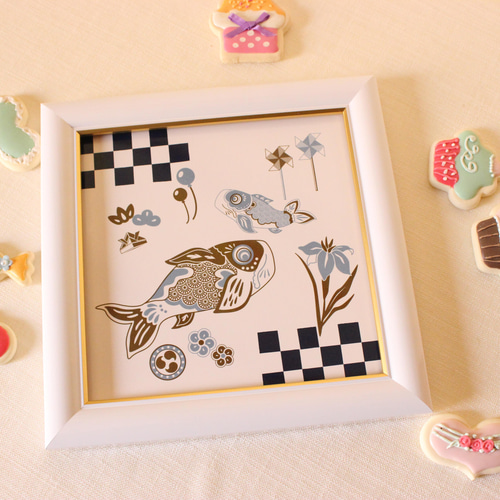 端午の節句☆鯉のぼりと菖蒲のインテリアタイル額「ポーセラーツ