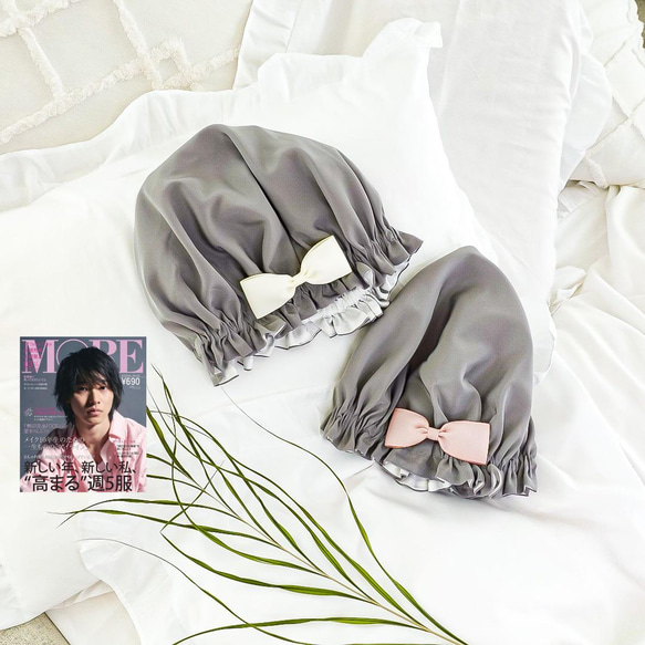 14種絲帶 [發佈於更多] 防靜電面料 x 日本可水洗絲綢 灰色睡帽 高品質 持久 第1張的照片
