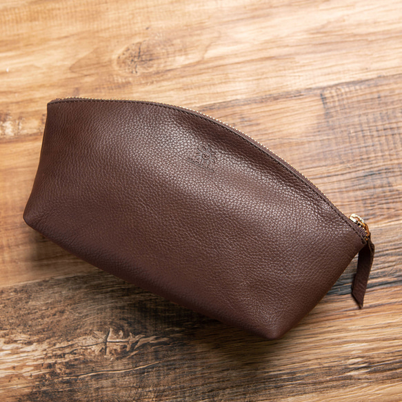 小袋，優質柔軟鞣革，大容量，筆袋，化妝包，真皮，巧克力色 HAK058 第3張的照片
