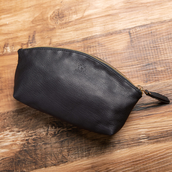 小袋 高品質柔軟鞣革 大容量筆袋 化妝袋 真皮 黑色 HAK058 第5張的照片