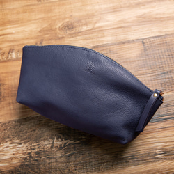 小袋，優質柔軟鞣革，大容量，筆袋，化妝品袋，真皮，海軍藍 HAK058 第1張的照片