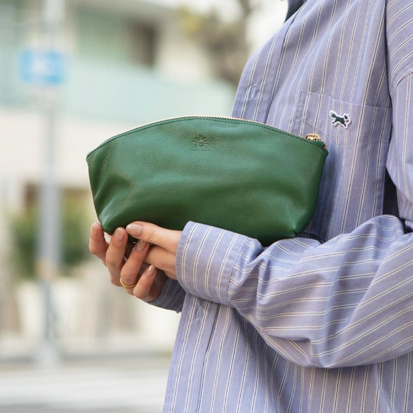 上質で柔らかいヌメ革 大容量 ペンケース 化粧ポーチ 本革 グリーン
