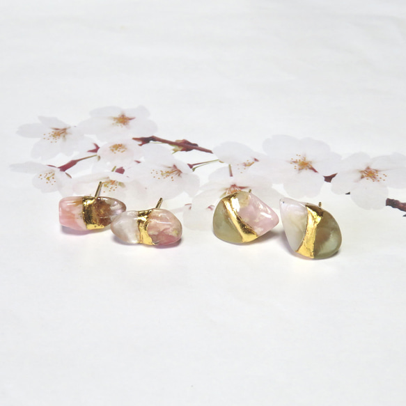 桜の記憶＊Pink opal×Rose quartz＊金継ぎ-pierce／L〜M size【Ⅱ】 15枚目の画像