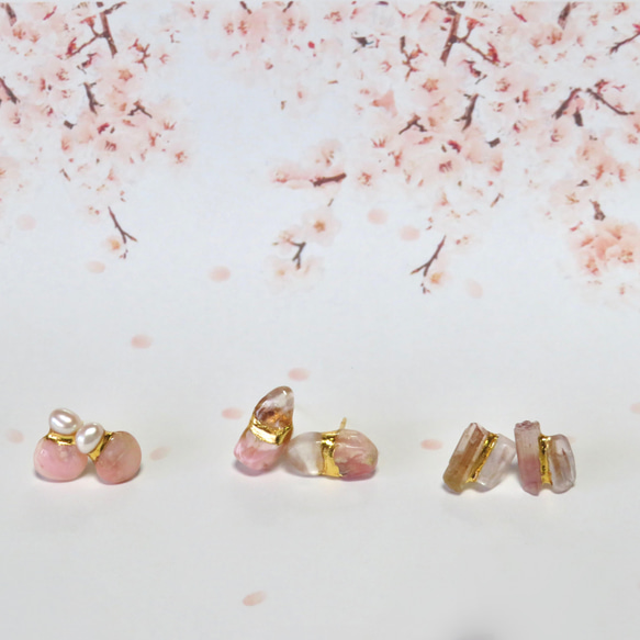 桜の記憶＊Pink opal×Rose quartz＊金継ぎ-pierce／L〜M size【Ⅱ】 13枚目の画像