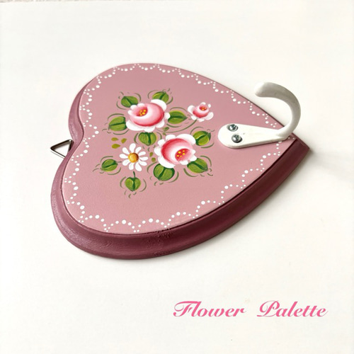 トールペイント作品 薔薇のプラーク Creema限定 木製 フック付きハート型プラーク トールペイント