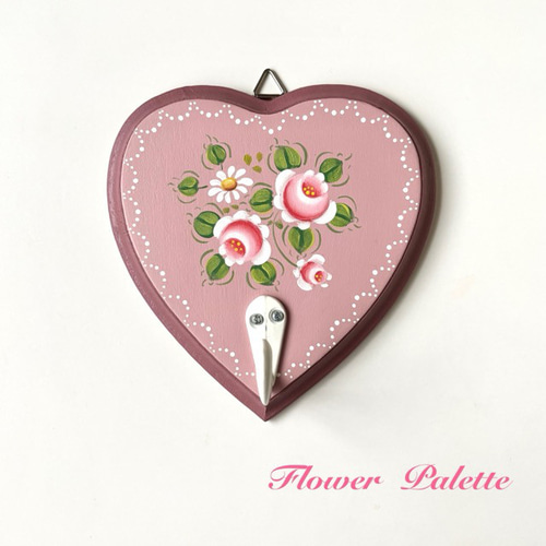 Creema限定 木製 フック付きハート型プラーク トールペイント 壁掛け