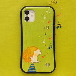 はなうた歌う女の子　スマホケース ✶ iPhone15 SE3 SE2 グリーン グリップケース 音符 春 ✶ 1枚目の画像