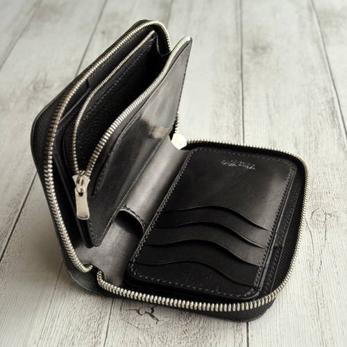 国内最高峰栃木レザーMiddle Leather Wallet  Wild 受注製作 栃木ワイルドサドルブラック ラウンドファスナーミドル