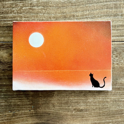 猫と夕日」原画 夕陽×海×黒猫 赤 オレンジ 絵画 キャンバス 風景画