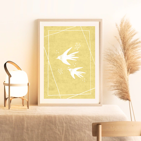 北欧 風 インテリア アート ポスター【 bird .】イエロー :/073/ 鳥 花 ナチュラル シンプル 黄色 1枚目の画像