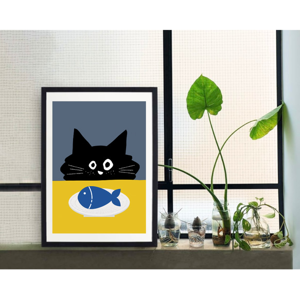 北欧 風 インテリア アートポスター【 Kuroneko hungry 】ネイビー :/076/ 黒猫 ねこ ナチュラル 3枚目の画像
