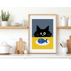 北欧 風 インテリア アートポスター【 Kuroneko hungry 】ネイビー :/076/ 黒猫 ねこ ナチュラル 5枚目の画像