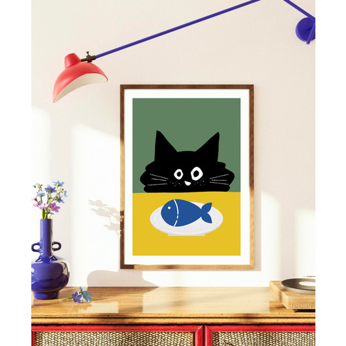 北欧 風 インテリア アート ポスター【 Kuroneko hungry 】グリーン