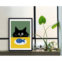 北欧 風 インテリア アート ポスター【 Kuroneko hungry 】グリーン :/077/ 黒猫 ねこ モダン 3枚目の画像