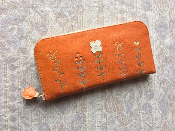 刺繍革財布『LIFE』つやORANGE（ヤギ革）☆スリムタイプ☆ラウンドファスナー型 3枚目の画像