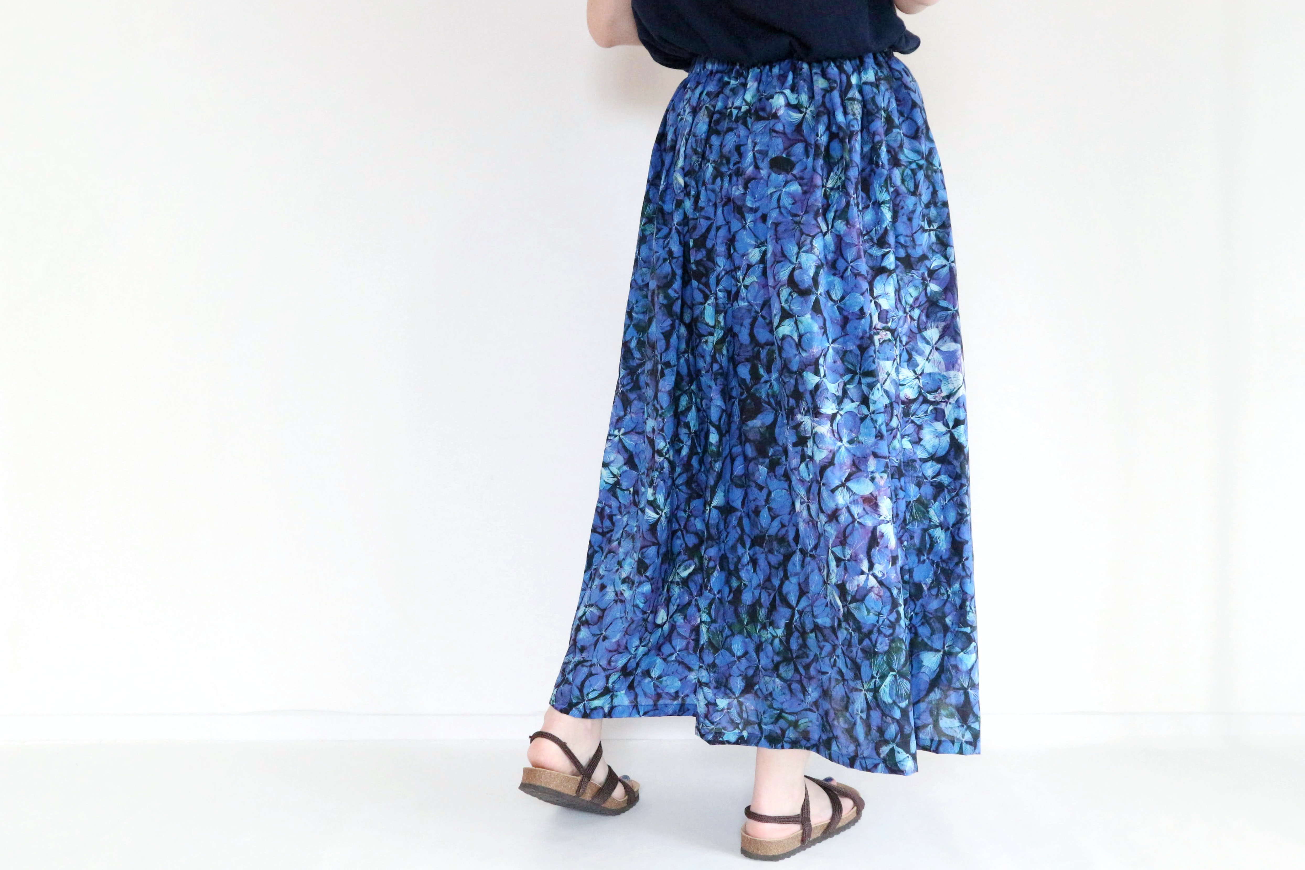 【受注】心はずむ　紫陽花スカート　ブルー　　コットン　母の日　敬老の日　誕生日