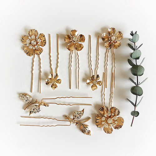 ヘッドドレス 8点セット ゴールド 髪飾り 花 Uピン ヘッドパーツ