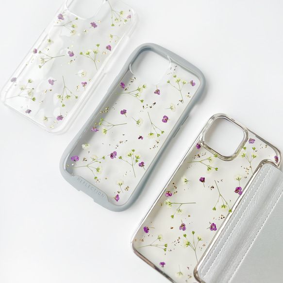 かすみ草とアリッサム】 押し花スマホケース iphoneケース